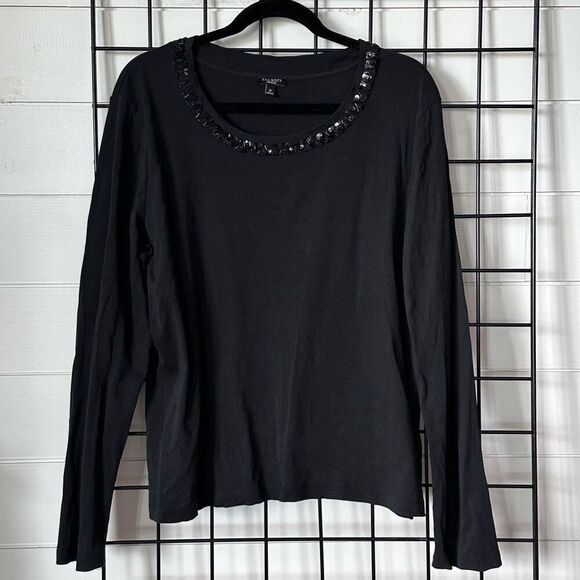 TALBOTS Knit Crewneck Beaded‎ Sweater Womens M Black Classic Officewear - Picture 2 of 9